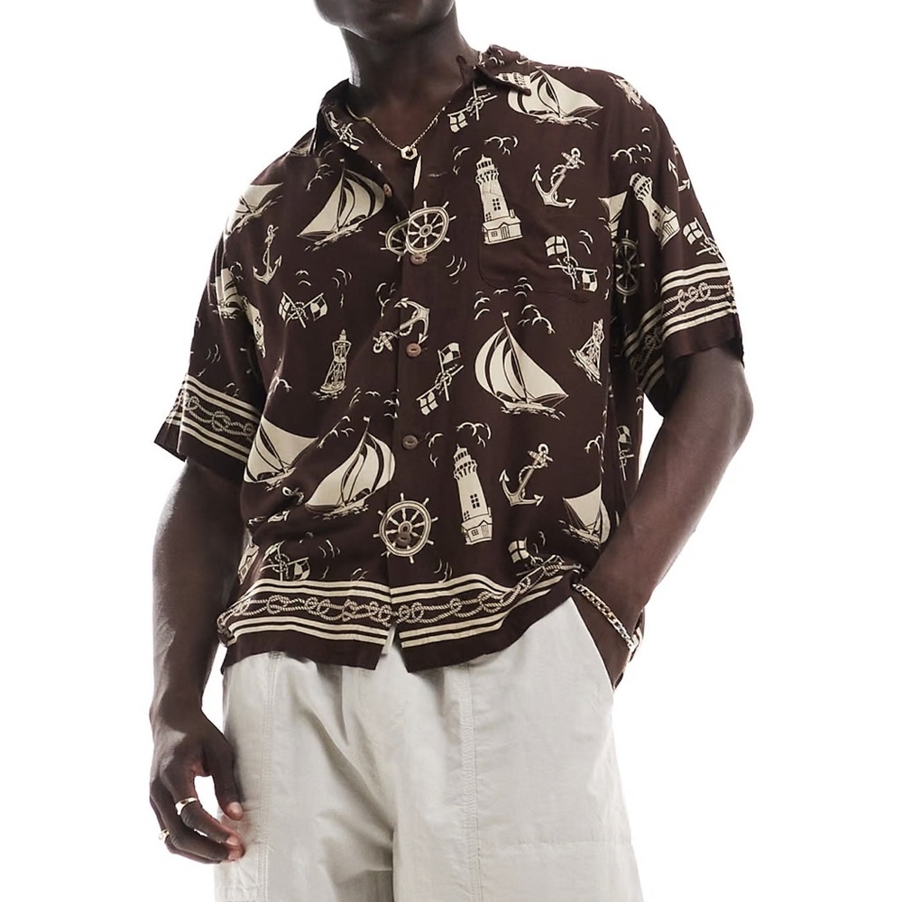 Ralph Lauren Classic Fit Nautical-Print Camp Shirt in Captains Dark Brown
